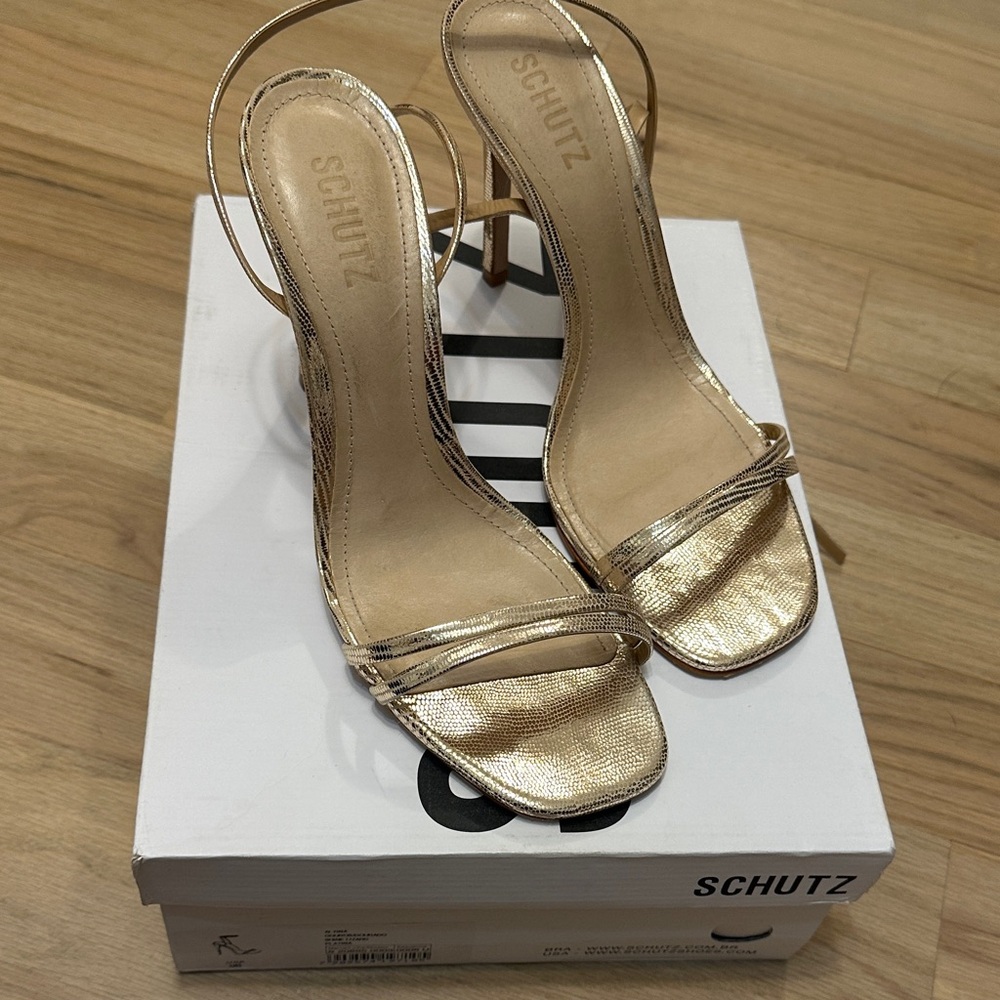 SCHUTZ Metallic Gold Strappy Heels